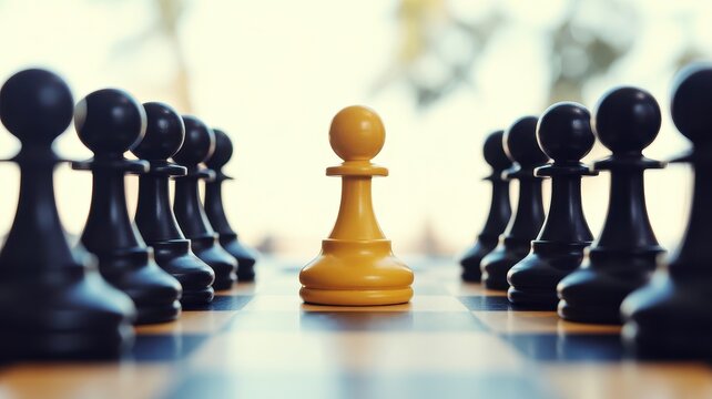 A single yellow pawn standing out against a field of black chess pawns