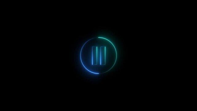 Glowing  neon blue and navy blue color media player pause icon animation sign symbol on black background. 4k animation video. 