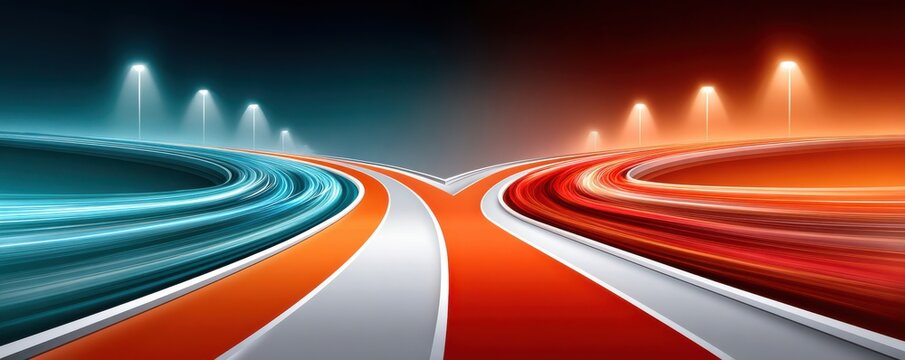Futuristic split road with blue and red light trails conveying speed and motion
