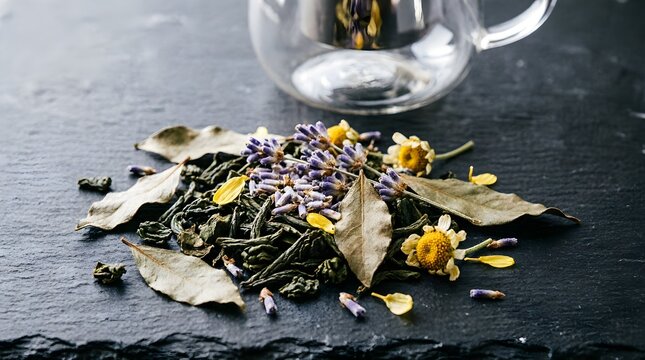 Loose Leaf Tea Blend With Dried Flowers On Dark Slate