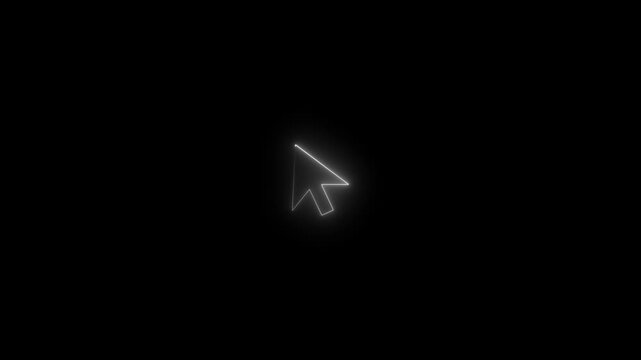 Neon mouse cursor arrow icon on black background. White color icon animation video.