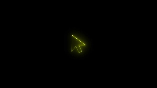 Neon mouse cursor arrow icon on black background. Yellow color icon animation video.