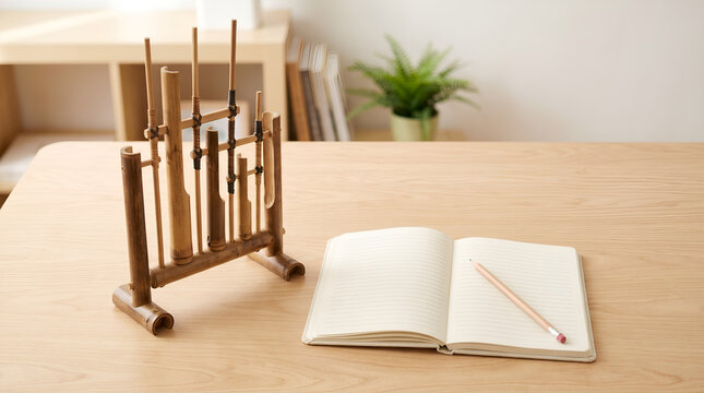 Angklung with notebook on desk. Ideal for music education, learning materials, and cultural study visuals.