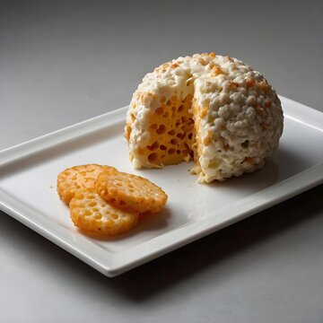 Cheeseball snack on clean plate, basic angle shot, soft shadow, neutral background, minimal composition