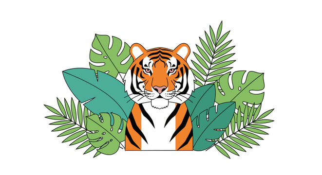 Tiger head illustration with tropical green leaves on white