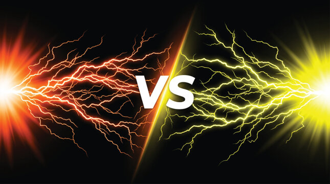 Orange and yellow lightning energy bolts clashing with central versus symbol in digital art composition for competitive gaming match or versus battle theme background graphic design.
