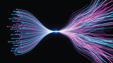 Abstract digital stream of glowing neon particles and light waves flowing through dark space as a concept of network connectivity and high speed data transfer in motion. © SWEET
