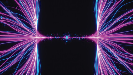 Conceptual visualization of quantum entanglement with glowing neon light particles and energy strands converging in dark space representing high speed data transmission. © SWEET