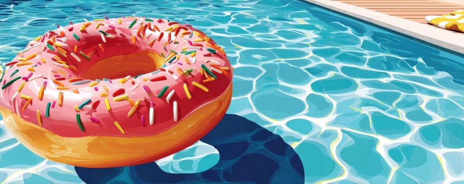 Top-down view of a pink donut pool float with sprinkles floating in a sunny swimming pool