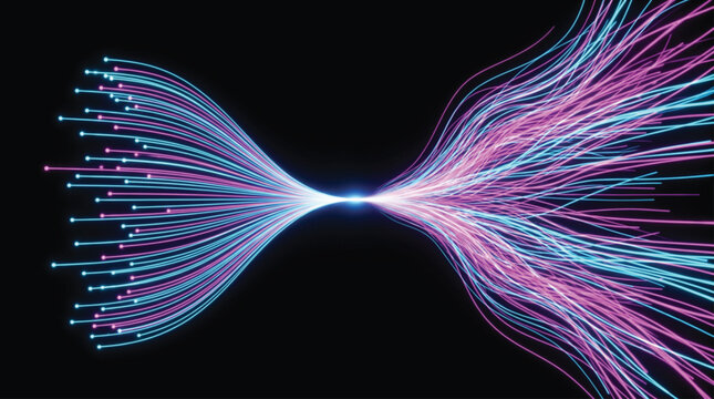Abstract digital stream of glowing neon particles and light waves flowing through dark space as a concept of network connectivity and high speed data transfer in motion.