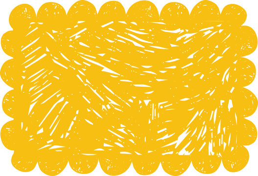 Wavy grunge yellow rectangle frame with irregular edges. Crayon doodle childish scalloped border
