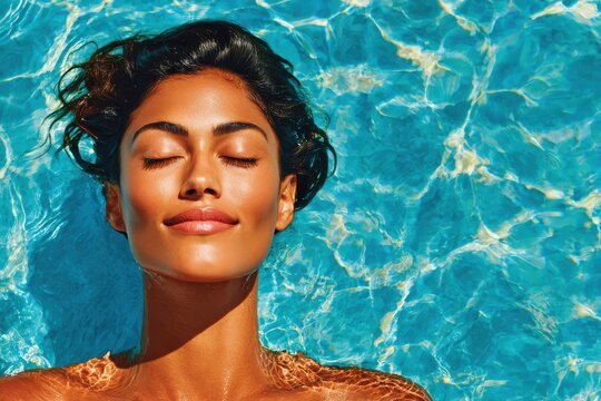 Woman floating peacefully in a sunlit pool with closed eyes enjoying summer relaxation