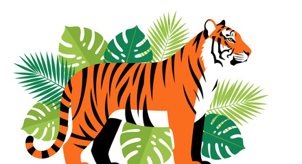 Obraz premium Tiger illustration with tropical jungle leaves on white background