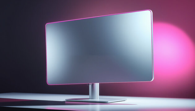 Minimalist silver monitor with vibrant pink trim, tilted at a dynamic angle and backlit by