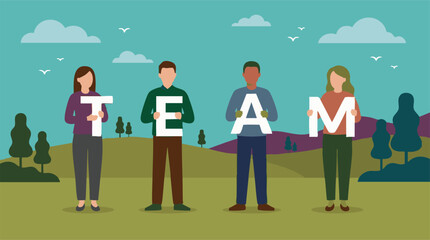 Obraz premium Diverse individuals holding letters spelling 'TEAM' in an outdoor setting