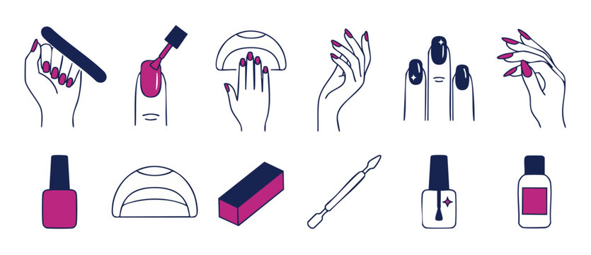 Manicure Icons Set with Nail Polish and Tools for Beauty Salon Services, Professional Hand Care Procedures and Essential Equipment Vector Illustration for Nail Art Design, Minimalist Line Art Style