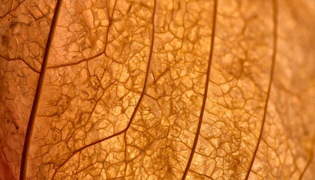 Macro texture of golden brown dried leaf veins