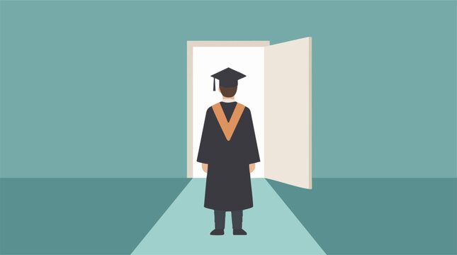 Graduate standing before an open door, representing new beginnings