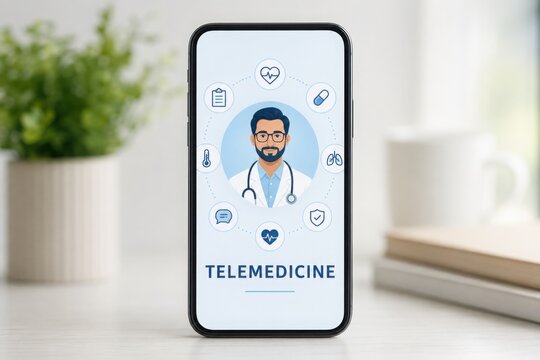 A smartphone on a desk displays a telemedicine app, showing a virtual doctor consultation for remote healthcare and online medical services.