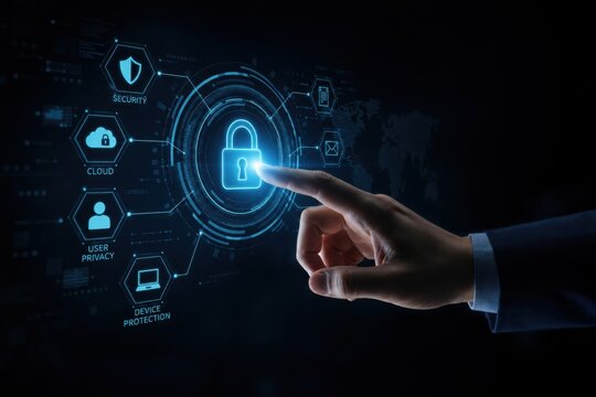 A hand interacts with a futuristic digital screen, touching a padlock icon for cybersecurity, surrounded by icons for privacy, cloud, and device protection.