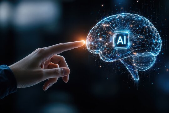 A finger touching a glowing, digital brain with an AI chip, symbolizing the connection between human and artificial intelligence.
