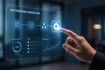 Fototapeta premium A hand interacts with a futuristic touchscreen showing a business automation workflow, data dashboards, and performance analytics.