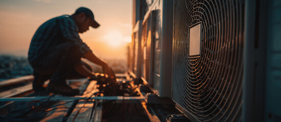 Fototapeta premium close up a technician repairs an modern outdoor air conditioning unit on a rooftop
