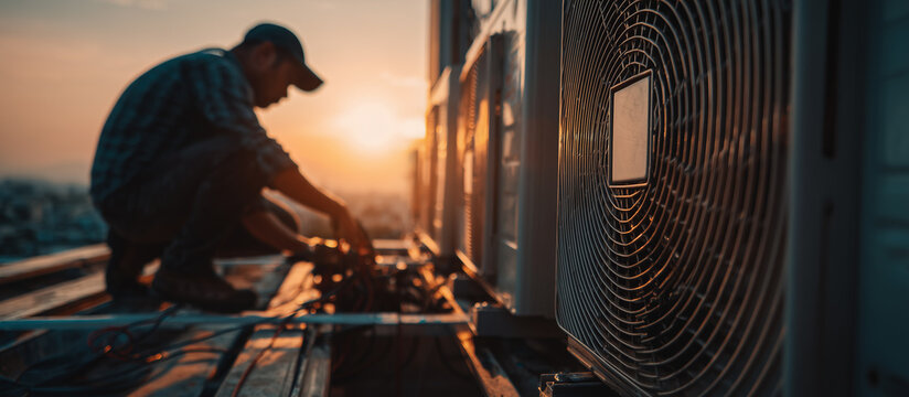 close up a technician repairs an modern outdoor air conditioning unit on a rooftop