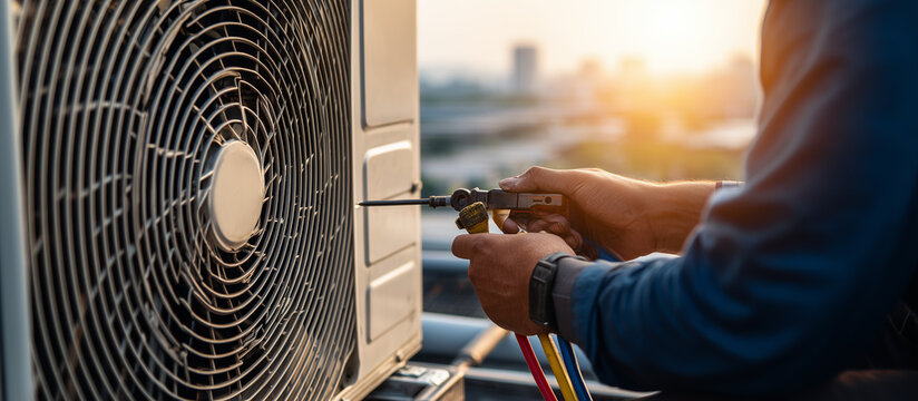 close up a technician repairs an modern outdoor air conditioning unit on a rooftop