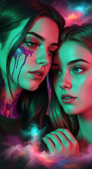 Obraz premium Close-up of two young woman faces, one with dripping paint, illuminated with vibrant colors, symbolizing emotion, fantasy, and artistic expression