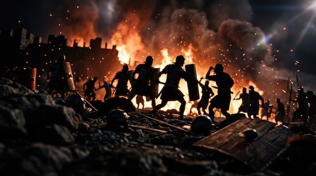 Ancient Roman soldiers in battle amidst a burning city