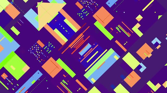 深い紫の背景に鮮やかな緑とオレンジの幾何学的形状が交差するデジタル抽象背景。テクノロジーとデータの可視化を象徴するモダンなグラフィック。