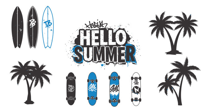 Urban summer design elements with surfboards skateboards and palm trees