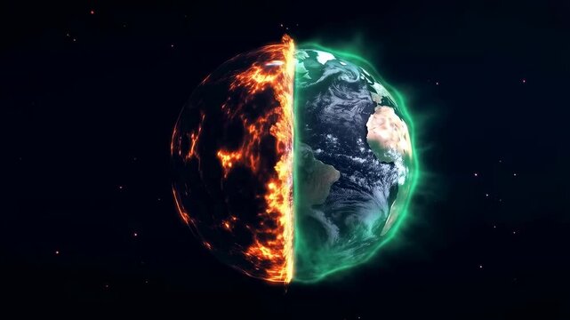 Earth split between fire and water elements, showcasing climate change and environmental impact. A visual representation of the planet's duality and ecological challenges