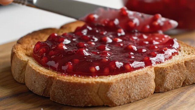 Slice of toasted bread with red berry jam spread on wooden cutting board using knife, close up breakfast preparation showing fresh fruit preserve and vibrant texture for delicious snack