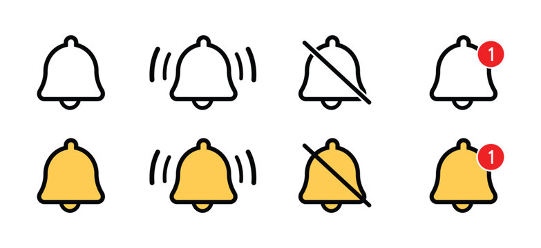 Notification bell icon for incoming inbox message. Alarm symbol with New notification, reminder Bell for subscribe, alarm and notification number sign for clock and smartphone application alert.