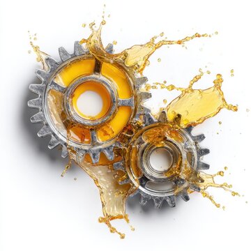 Two meshing industrial metal gears with splashing oil isolated on white background