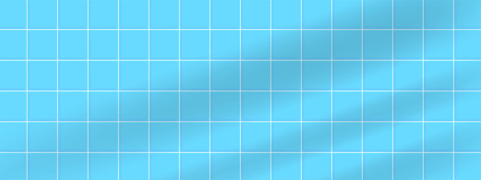 Realistic bathroom background with square mosaic tiles in light blue color and sunlight shadow
