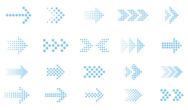 Halftone arrow vector set. Arrow icon. Arrow vector collection. Arrow. Cursor. gradient blue dotted direction symbols pointing to the right. Modern simple arrows. Vector arrow illustration