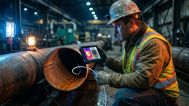Focused industrial worker in a hard hat and safety vest uses a rugged tablet and flexible borescope camera to inspect the weld inside a large metal pipe in a dark factory.