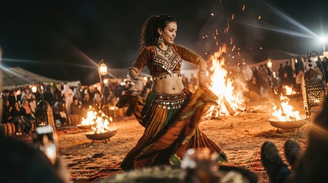 Belly dancer performs by campfire at a desert festival