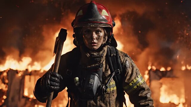 Brave Firefighter in Protective Gear Confronts Intense House Fire.