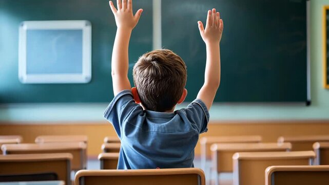 A schoolboy raises a hand in a classroom setting while participating in an educational activity during a lesson