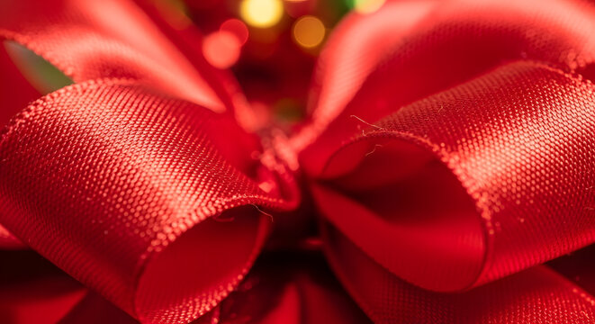 Red satin ribbon bow close up macro photograph with blurred bokeh background high quality professional detailed