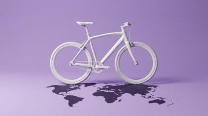 Fototapeta premium A white bicycle stands on a purple surface with a world map shadow.