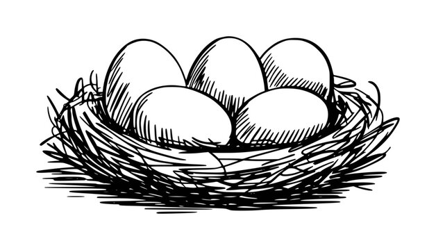 Hand Drawn of Eggs in a Bird Nest White Background