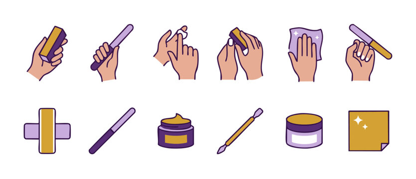 Manicure treatment icons set with nail care tools, moisturizing cream, files and buffer, vector flat illustration for beauty salon procedures, spa hygiene routine, skin hand treatment collection.