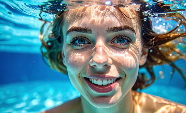 Mujer Joven buceando sonriente bajo el agua con gafas azules en piscina cristalina, concepto de vacaciones de verano, diversi&oacute;n acu&aacute;tica, energ&iacute;a y estilo de vida saludable