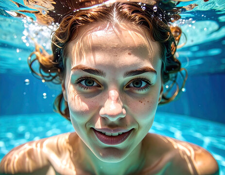 Mujer Joven buceando sonriente bajo el agua con gafas azules en piscina cristalina, concepto de vacaciones de verano, diversi&oacute;n acu&aacute;tica, energ&iacute;a y estilo de vida saludable
