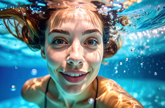 Mujer Joven buceando sonriente bajo el agua con gafas azules en piscina cristalina, concepto de vacaciones de verano, diversi&oacute;n acu&aacute;tica, energ&iacute;a y estilo de vida saludable